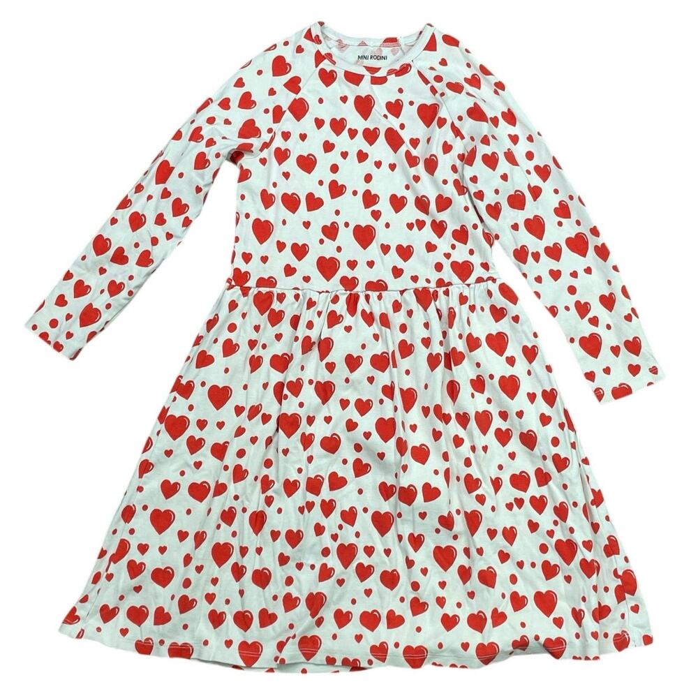 Mini Rodini Kids Girls' White Red Hearts Long Sleeve Mini Flare Dress Sz 9-11YO
